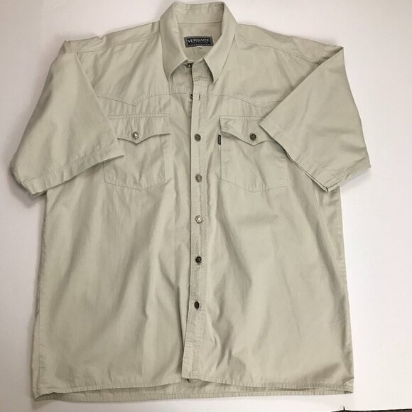Versace Men 100% Cotton 2XL Button Tan Short Sleeve Shirt - Picture 2 of 6